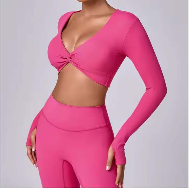 Women’s Twist Front V-Neck Long Sleeve Crop Top – Padded Sports Bra With flaer pant - Image 3