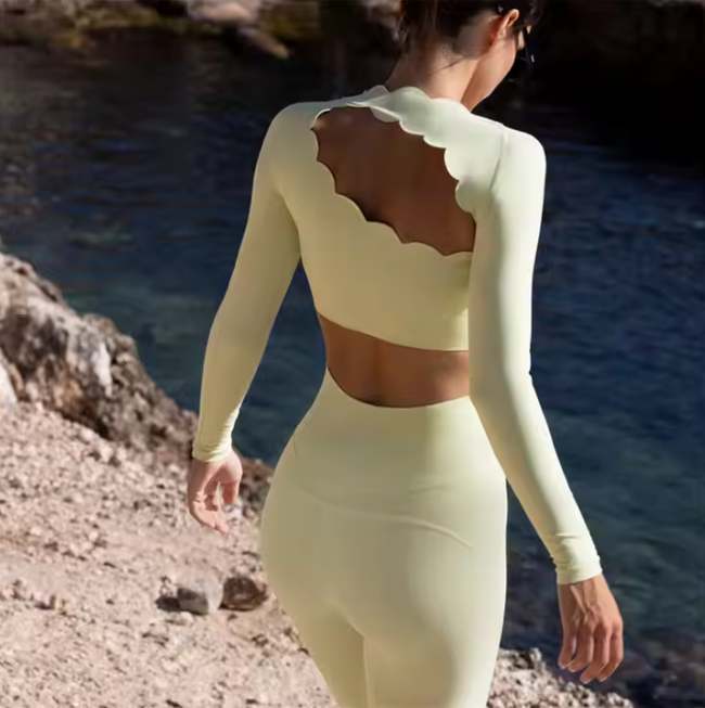Wavy Asymmetrical Slash Neck Long Sleeve Crop Top With V waist legging - Image 4