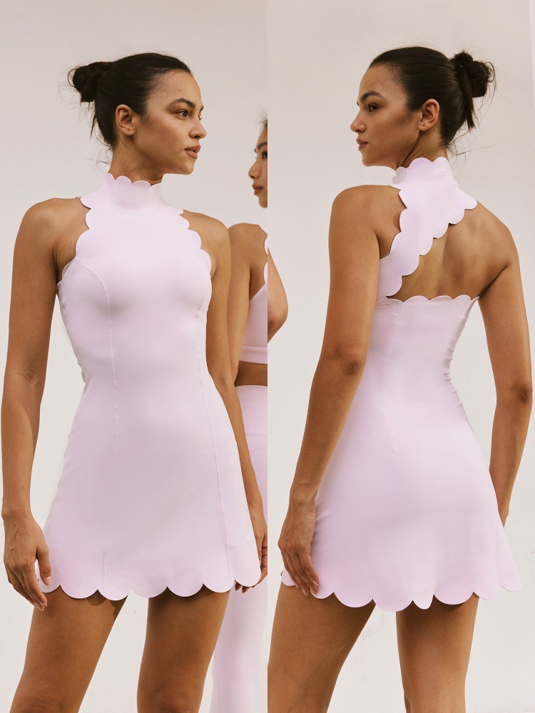 Wavy Scallop High Neck Backless Tennis Dress with Shorts - Image 3
