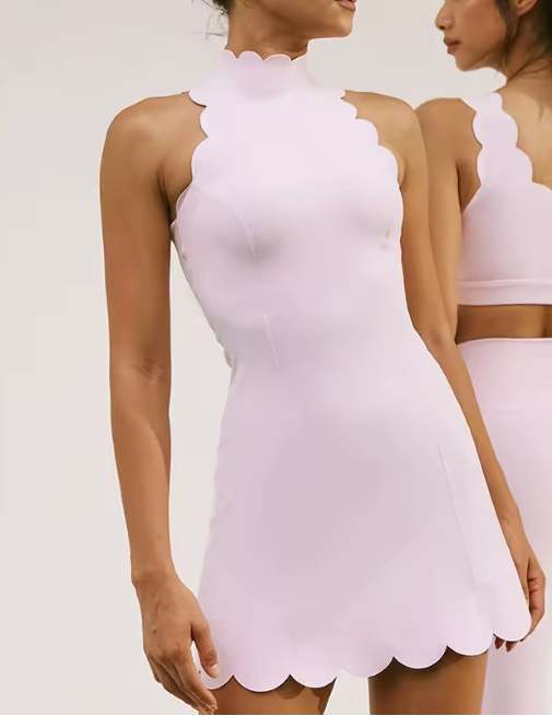 Wavy Scallop High Neck Backless Tennis Dress with Shorts - Image 4