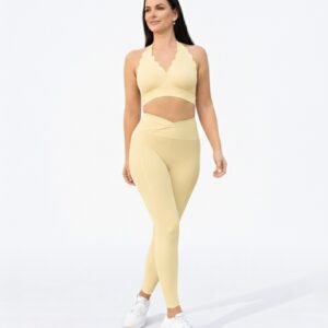SELINE Deep V-Neck Wave Sports Bra & V-Waist Leggings Set