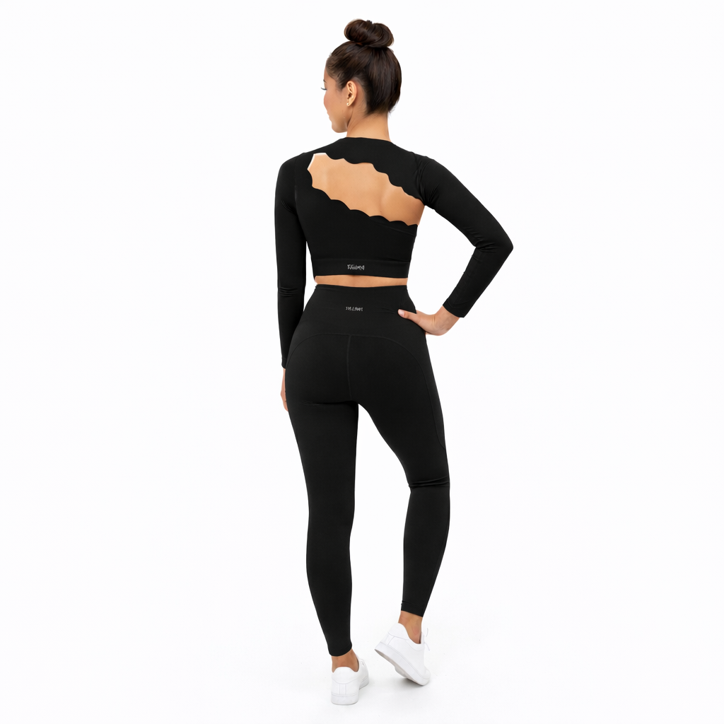 SELINE Wavy Asymmetrical Slash-Neck Long Sleeve Crop Top & V-Waist Leggings set - Image 6