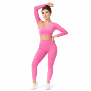 SELINE Wavy Asymmetrical Slash-Neck Long Sleeve Crop Top & V-Waist Leggings set