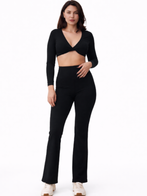 SELINE Women’s Twist-Front V-Neck Long Sleeve Crop Top & Flare Pants Set