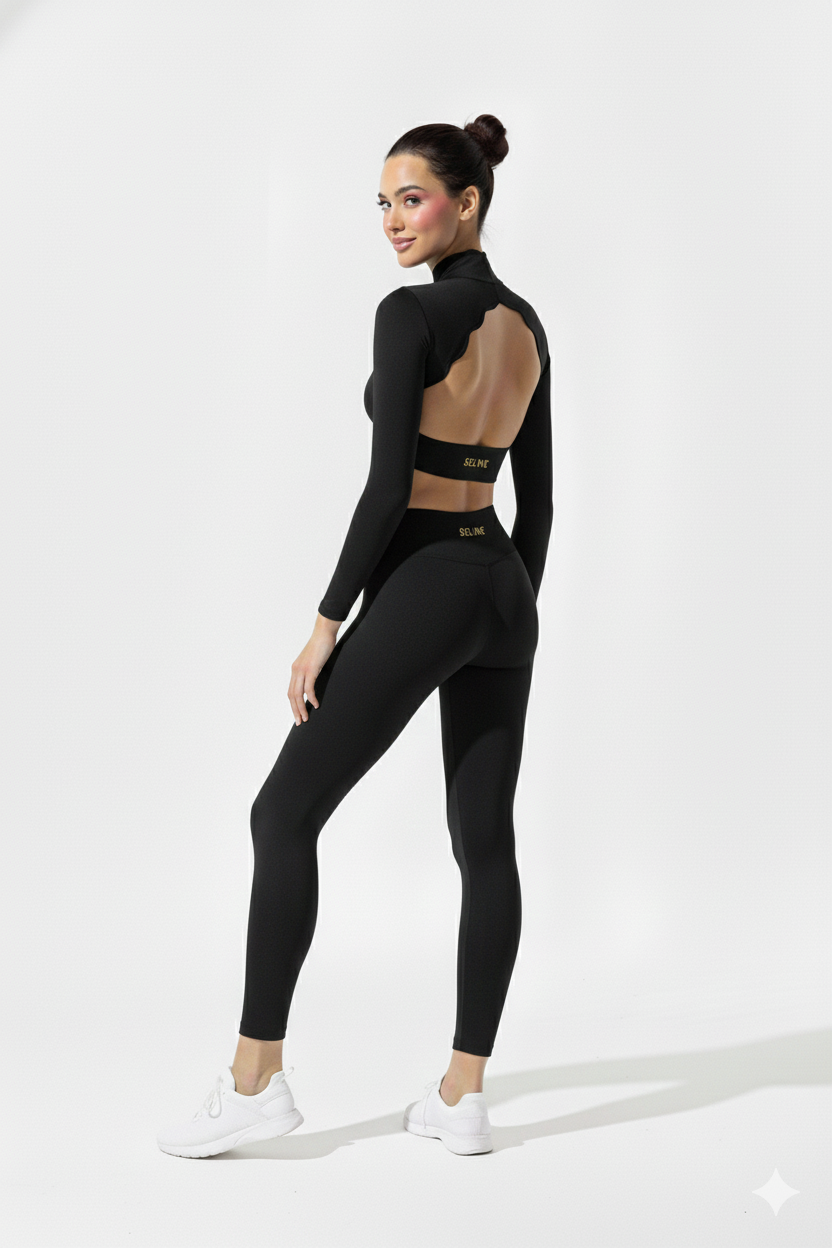 SELINE Open-Back Yoga Long Sleeve Crop Top & Flat-Waist Leggings Set - Image 9