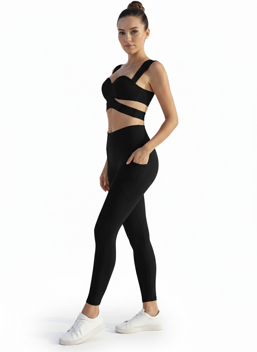 Women’s Cutout Corset Sports Bra – Fixed Cup Fitness Tank Top With V legging