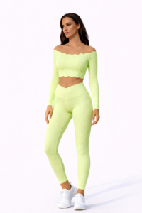 SELINE Wavy Off-Shoulder Long Sleeve Top & V-Waist Leggings Set