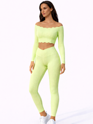 SELINE Wavy Off-Shoulder Long Sleeve Top & V-Waist Leggings Set
