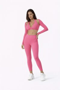 SELINE Women’s Long Sleeve Open-Shoulder Sports Bra – Deep V Top & Flat-Waist Leggings Set