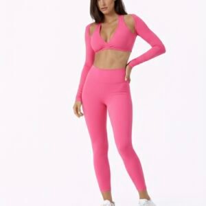 SELINE Long Sleeve Open-Shoulder Sports Bra – Deep V Top & Flat-Waist Leggings Set