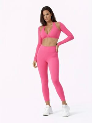 SELINE Long Sleeve Open-Shoulder Sports Bra – Deep V Top & Flat-Waist Leggings Set