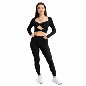 Stay stylish and comfortable with this modern two-piece activewear set, designed for both performance and everyday wear. The long sleeve front knot top creates a flattering silhouette while offering a trendy and feminine look. Paired with high-waist leggings, this set provides excellent support, flexibility, and comfort during workouts or casual activities. The soft, breathable, and stretchable fabric allows freedom of movement while keeping you comfortable throughout the day. Perfect for yoga, gym workouts, fitness training, running, or casual athleisure wear, this outfit combines elegance and functionality in one versatile set. Key Features Stylish front knot long sleeve top Comfortable high-waist leggings Soft, breathable, stretchable fabric Flattering and modern fit Ideal for yoga, fitness, gym, and daily wear Lightweight and flexible for active movement