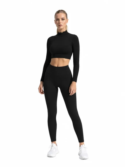 SELINE Open-Back Yoga Long Sleeve Crop Top & Flat-Waist Leggings Set