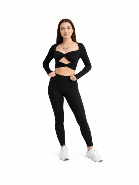 SELINE Long Sleeve Twist-Front Cutout Crop Top & High-Waist Leggings Set
