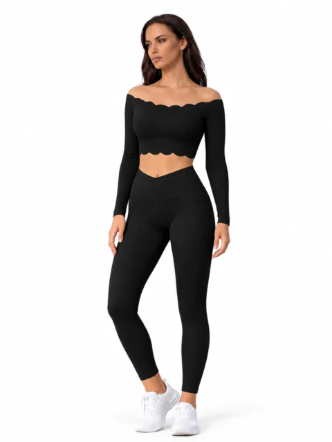 SELINE Wavy Off-Shoulder Long Sleeve Top & V-Waist Leggings Set