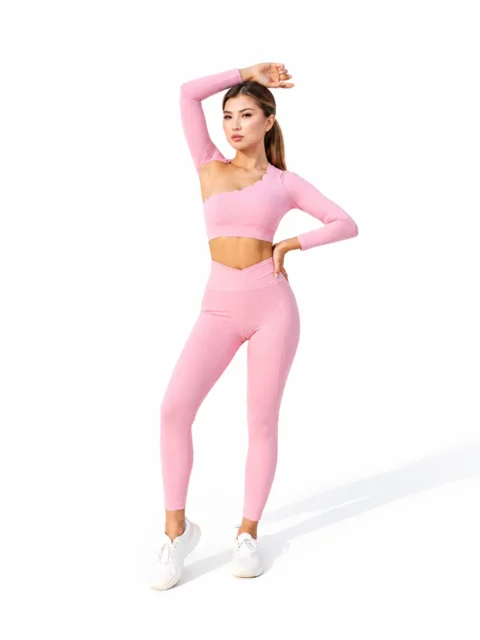 SELINE Wavy Asymmetrical Slash-Neck Long Sleeve Crop Top & V-Waist Leggings set