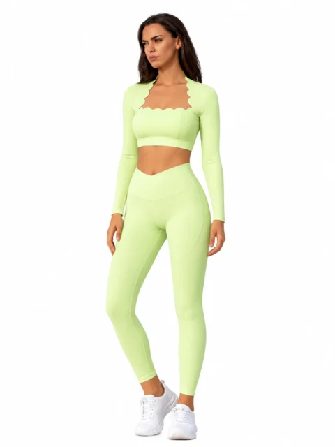 SELINE Wavy Square-Neck Long Sleeve Yoga Top & V-Waist Leggings Set