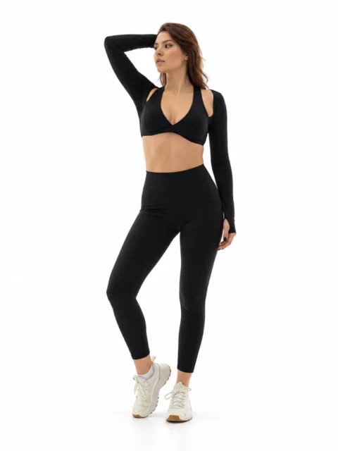 SELINE Long Sleeve Open-Shoulder Sports Bra – Deep V Top & Flat-Waist Leggings Set