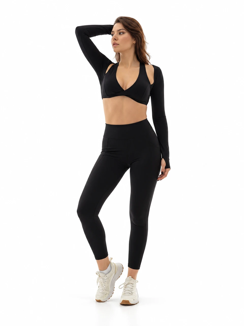 SELINE Long Sleeve Open-Shoulder Sports Bra – Deep V Top & Flat-Waist Leggings Set