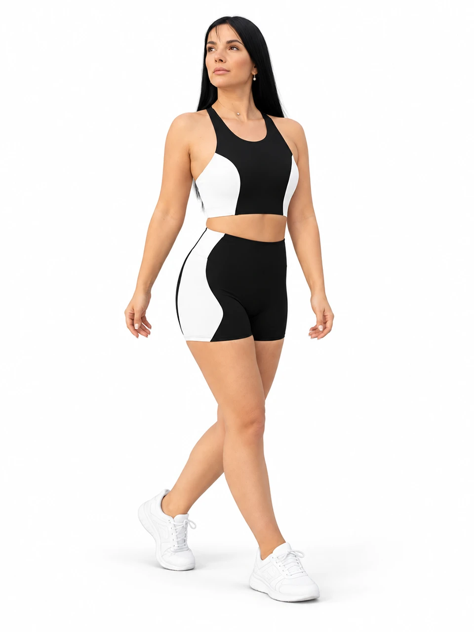SELINE Black & White Matching Sports Set – Bra & High-Waist Yoga SHORTS