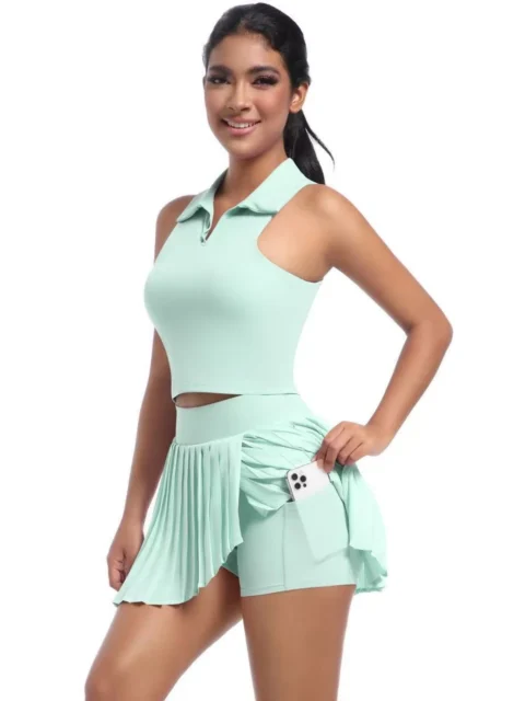 SELINE Sleeveless V-Neck Polo Tennis Skirt with Built-In Shorts