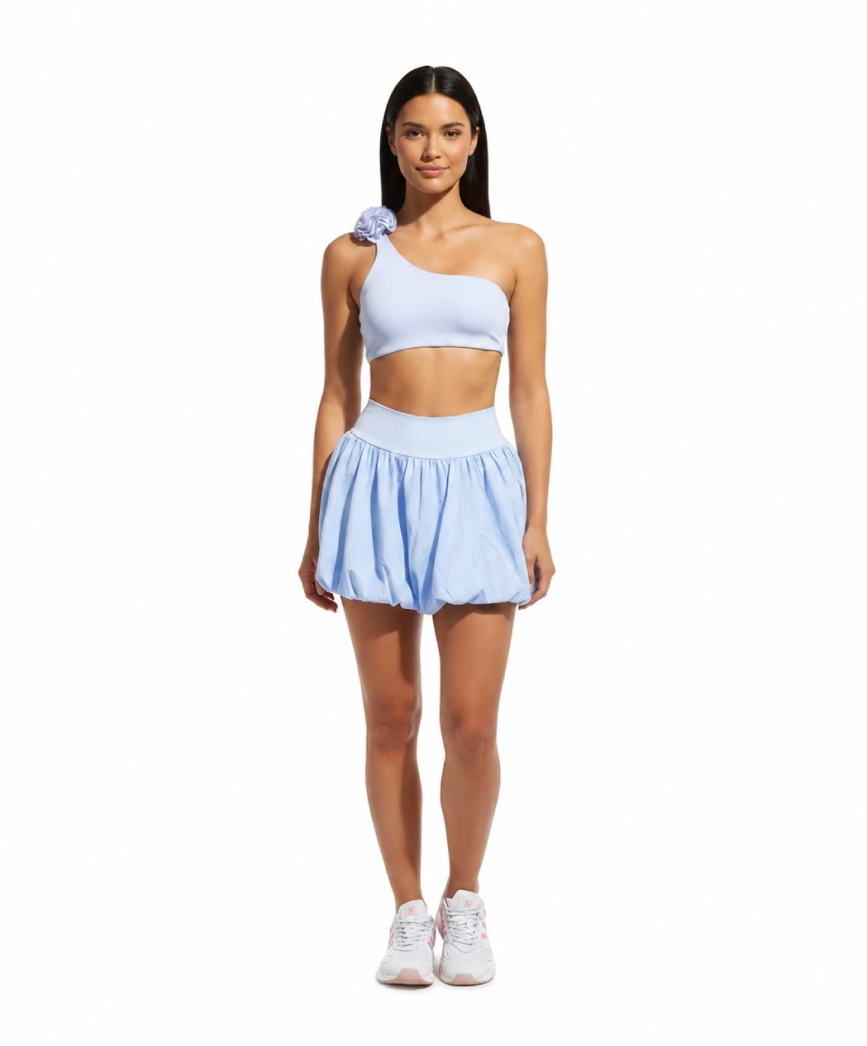 SELINE One-Shoulder Floral Sports Bra & Bubble Skirt Set