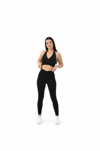 Deep V-Neck Wave Sports Bra With V waist legging (Black, XL)