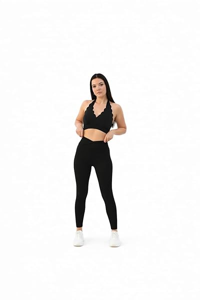 Deep V-Neck Wave Sports Bra With V waist legging (Black, XL)