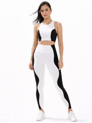 SELINE Black & White Matching Sports Set – Bra & High-Waist Leggings