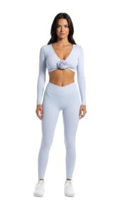 SELINE YOGA Long Sleeve Crop Top & Bubble Skirt Set – Front Flower Design OR LEGGING (Blue Legging, S)