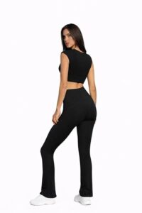 Women's Sleeveless Crop Top with Flare Pants, Black, 2 Piece Workout Set, Tight Sports Activewear