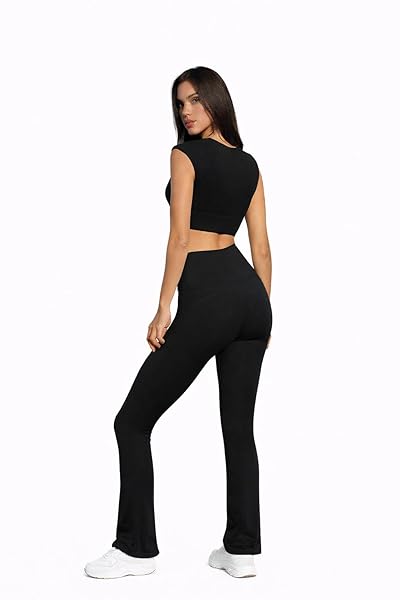 Women's Sleeveless Crop Top with Flare Pants, Black, 2 Piece Workout Set, Tight Sports Activewear