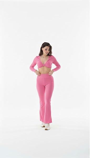 Women’s Twist Front V-Neck Long Sleeve Crop Top – Padded Sports Bra With flaer pant - Image 3