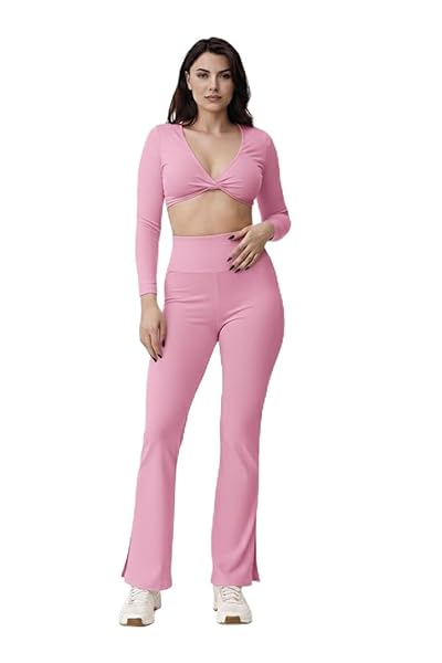 Women’s Twist Front V-Neck Long Sleeve Crop Top – Padded Sports Bra With flaer pant - Image 2